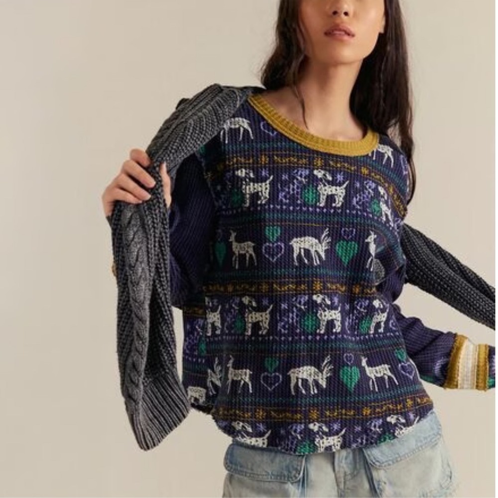 We The Free Blissful Thermal Top M Fair Isle Dogs Deer Hearts